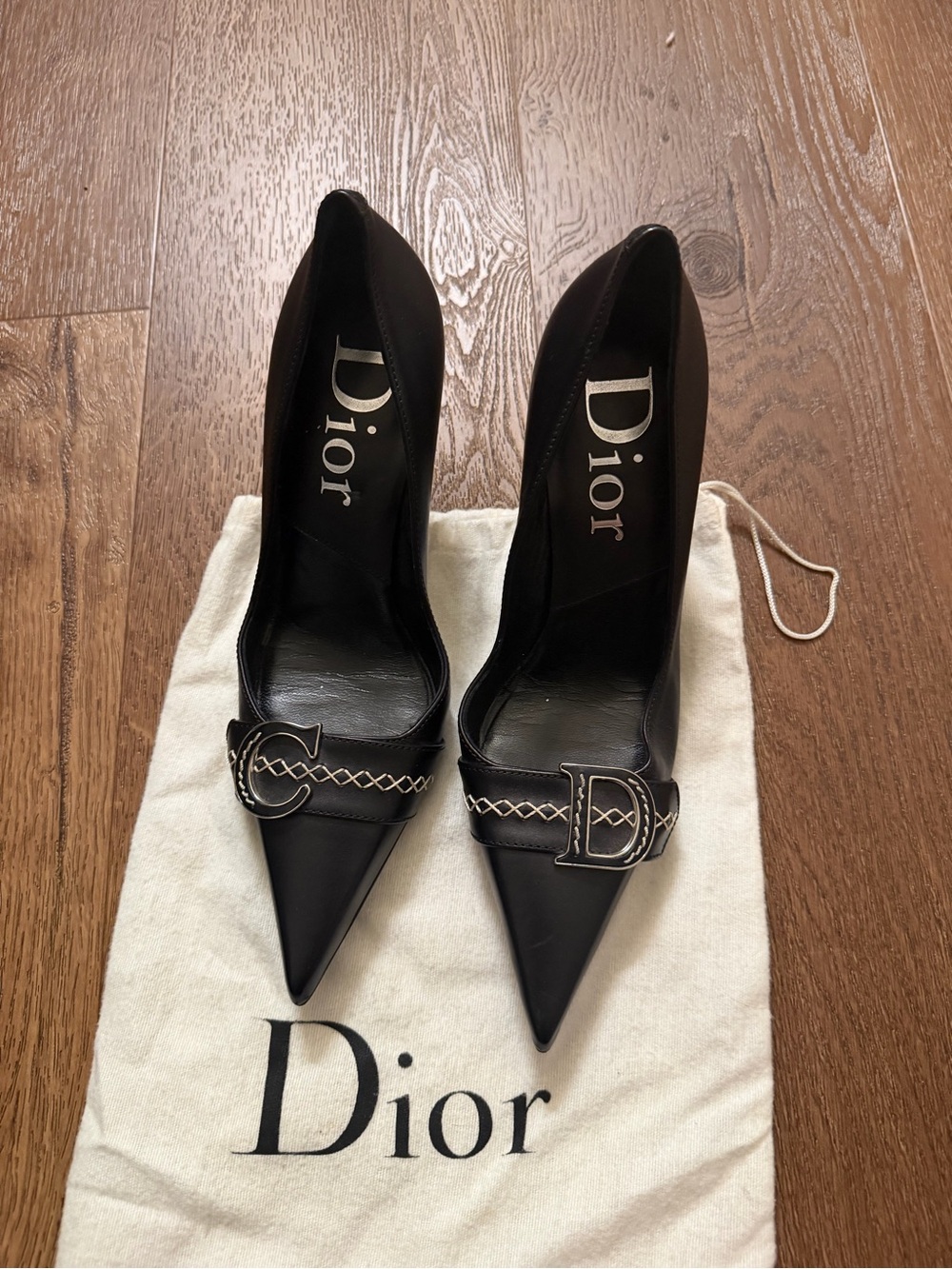 Dior Black Pointed Leather Pumps with Embellished Logo Strap